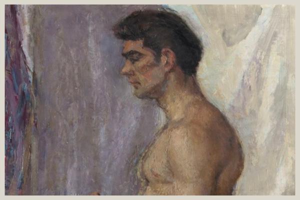 An artist's painting of a young and nude Sean Connery