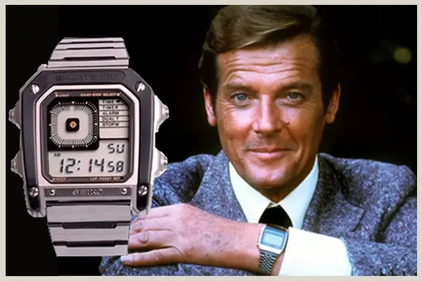 Roger Moore donning the Seiko G757 which he wears in Octopussy